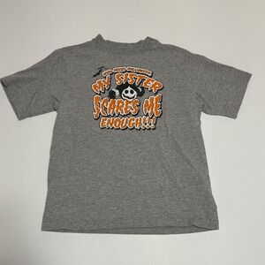 Halloween Sister Scares Me Enough T Shirt Kids M (8) Gray Orange